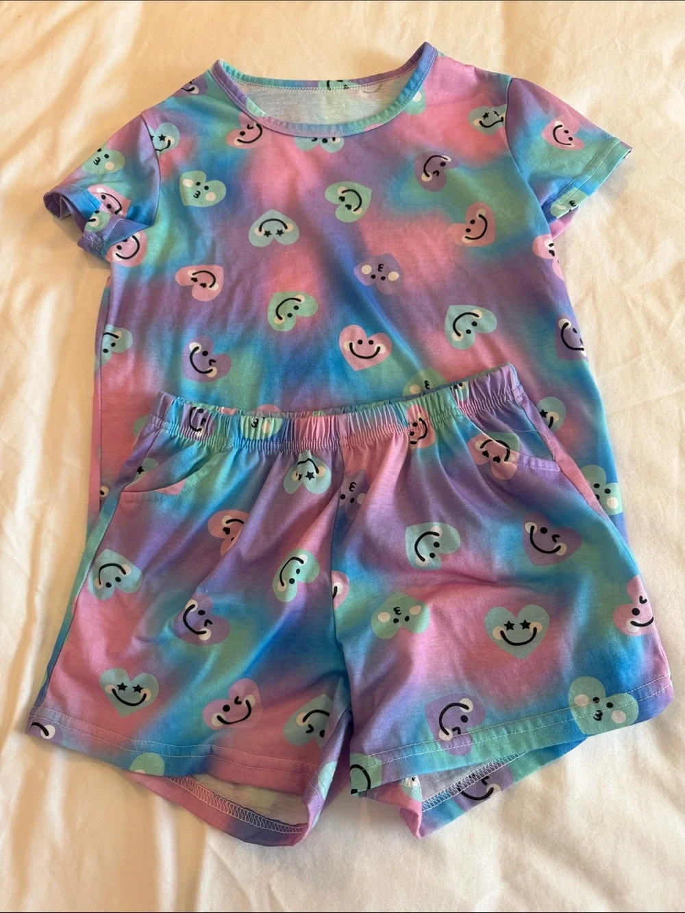 Girls Rainbow Tie-Dye Heart Smile Two-Piece Pajama Set